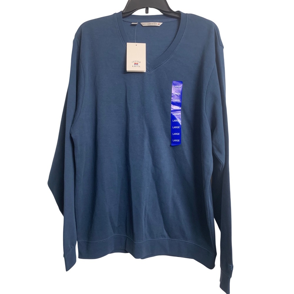 Cutter & Buck Blue 100% Pima Cotton V-Neck Sweater Large L Solid Knit